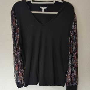 Women's Soft Maurices Black Top with Sheer Patterned Sleeves